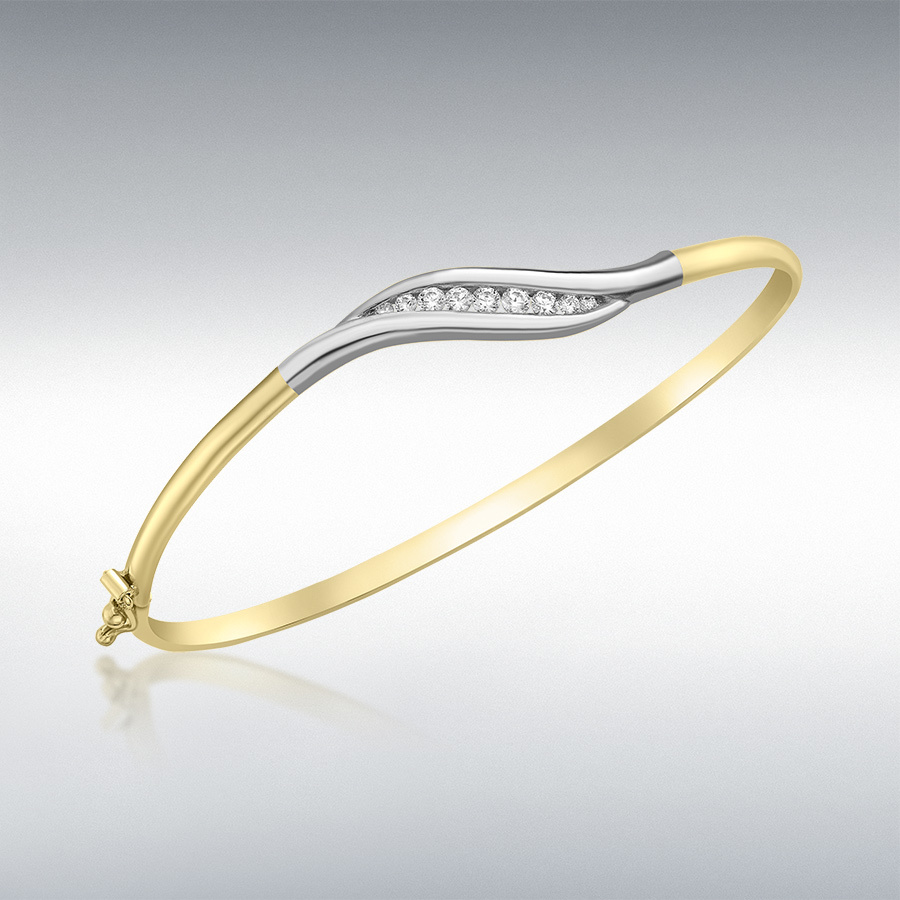 9ct 2-Colour Gold CZ Wave Flexible Bangle