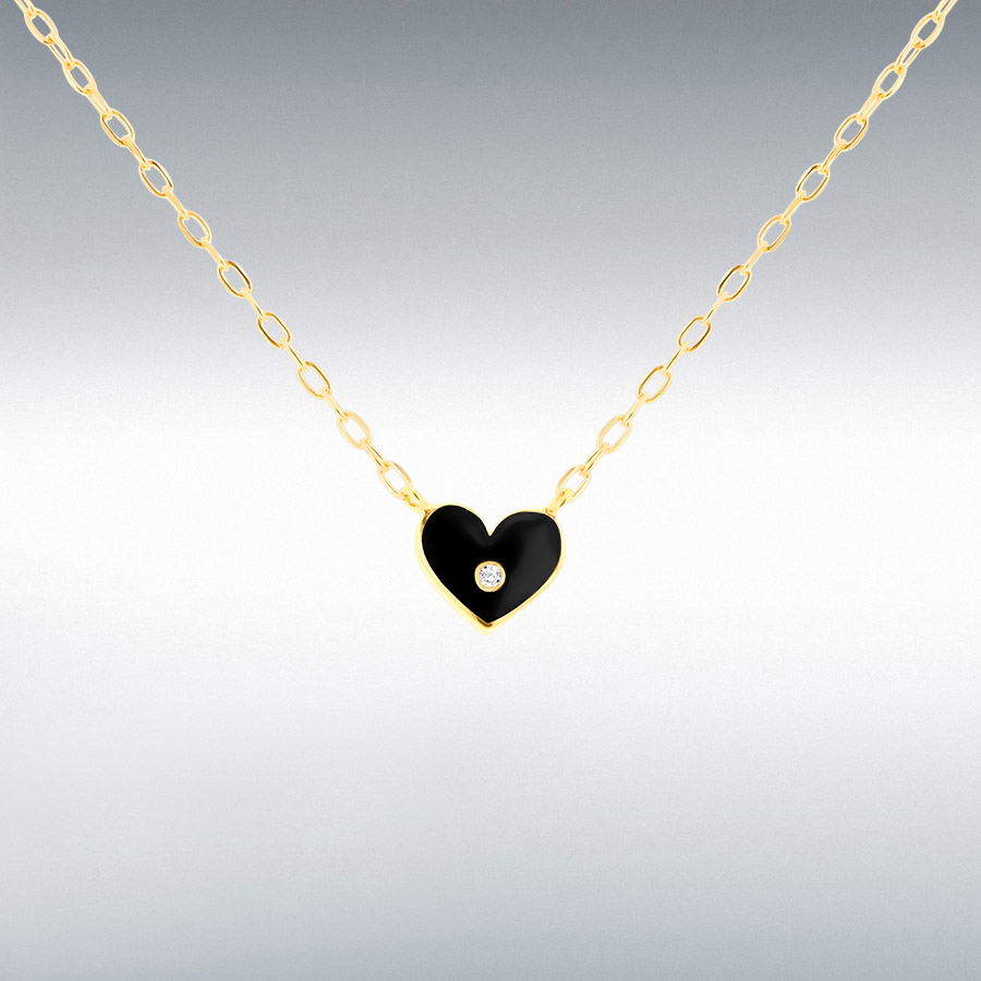 9ct Yellow Gold 7mm x 6.5mm Black Enamel Heart with Diamonds Necklace 39cm/15.5"- 44.5cm/17.5"