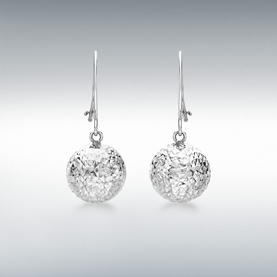 9ct White Gold 10mm Diamond Cut Ball 24mm Drop Earrings