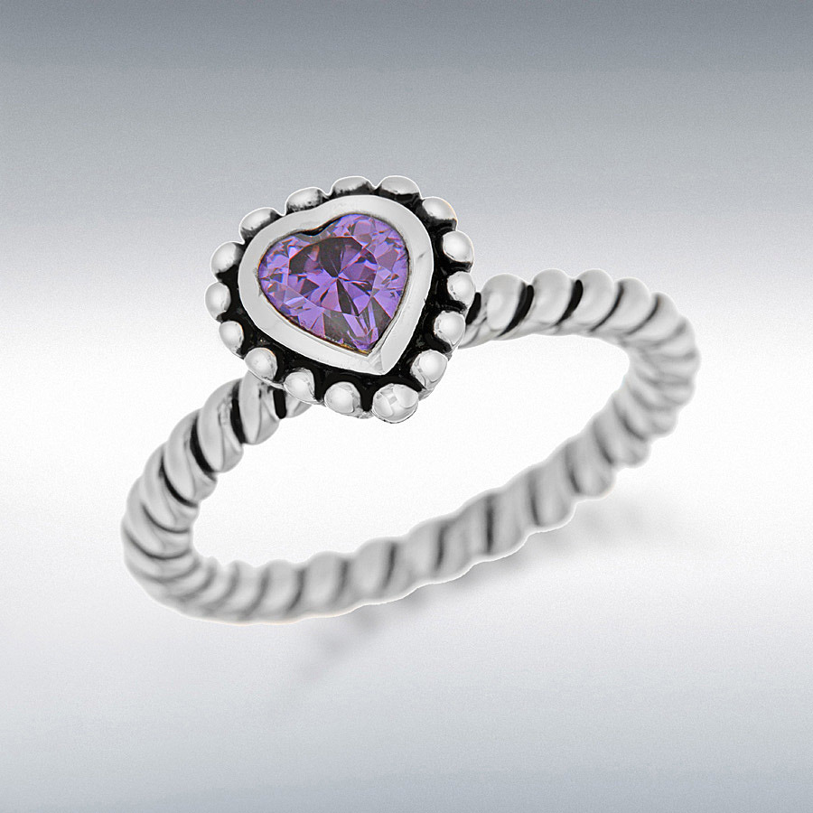 Sterling Silver Rhodium Plated Purple CZ Heart Stacking Ring