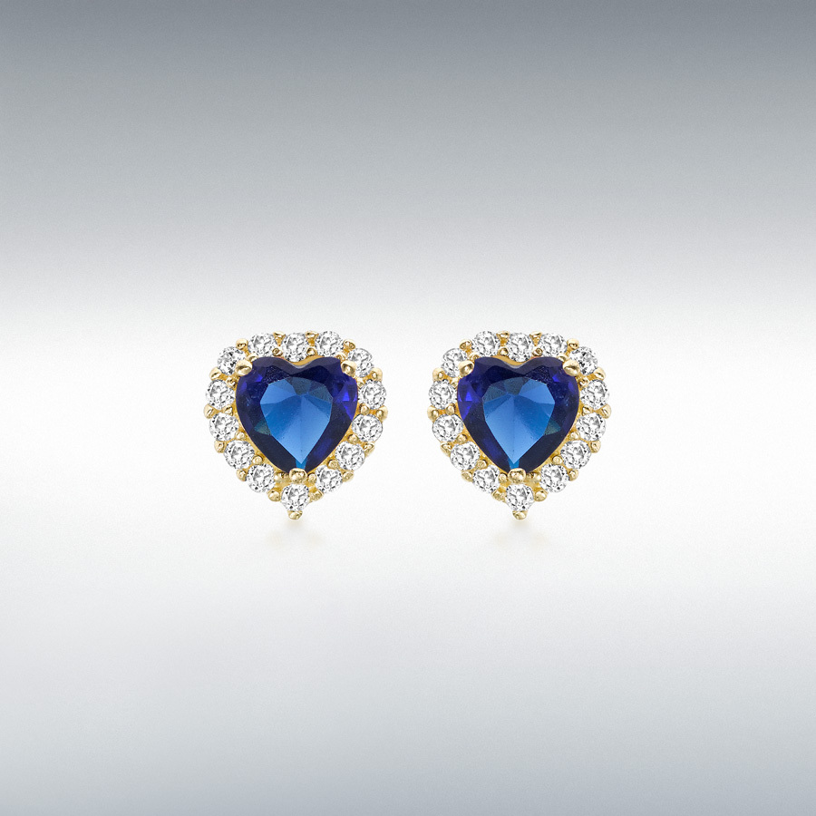 9ct Yellow Gold Blue and White CZ 9mm x 9mm Heart Cluster Stud Earrings