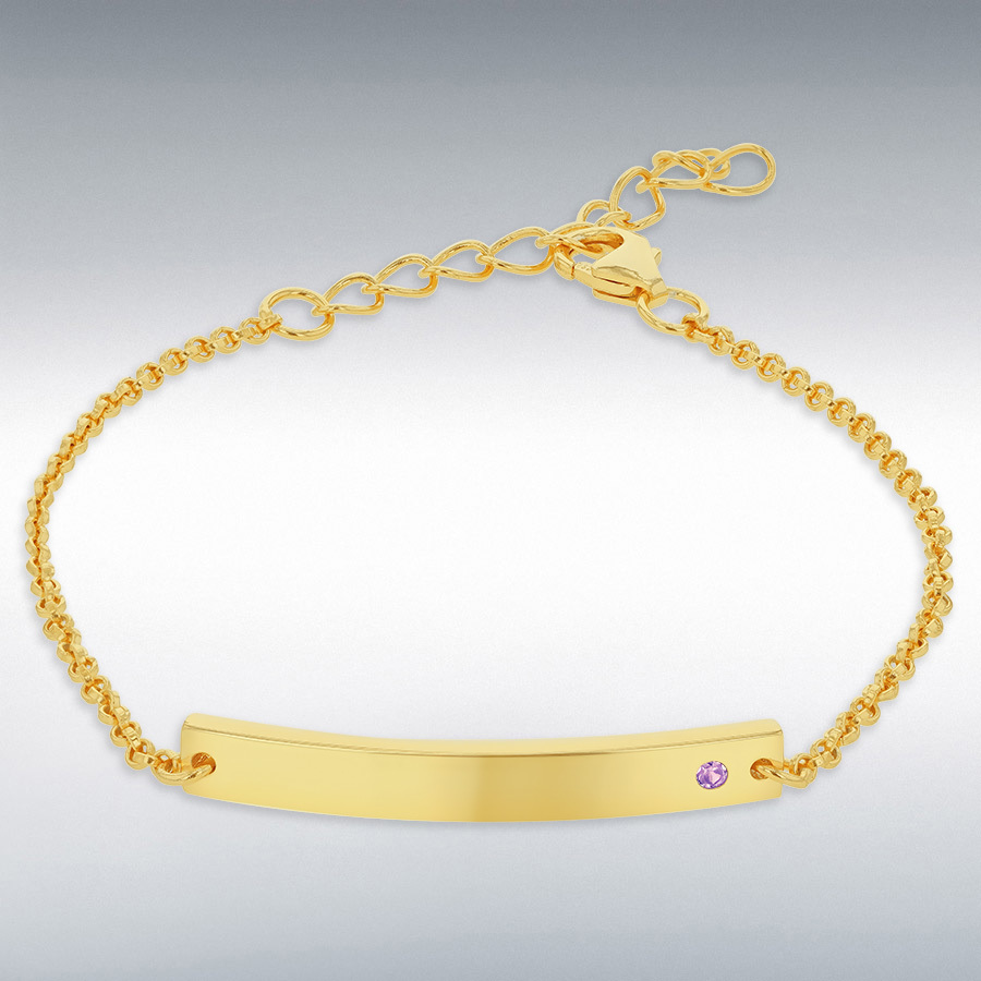 Sterling Silver Yellow Gold Plated ID Bar with February Birthstone CZ  Adjustable Bracelet 13cm/5"- 16cm/6.25"