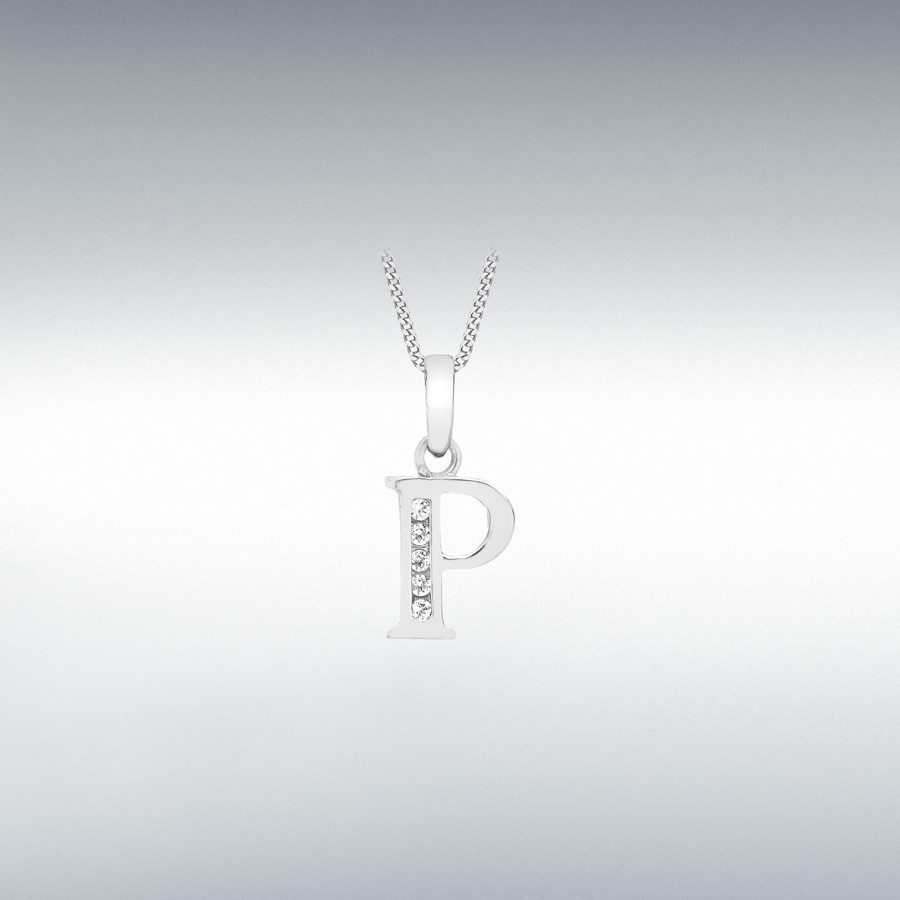 9ct White Gold CZ 7mm x 11mm 'P' Initial Pendant