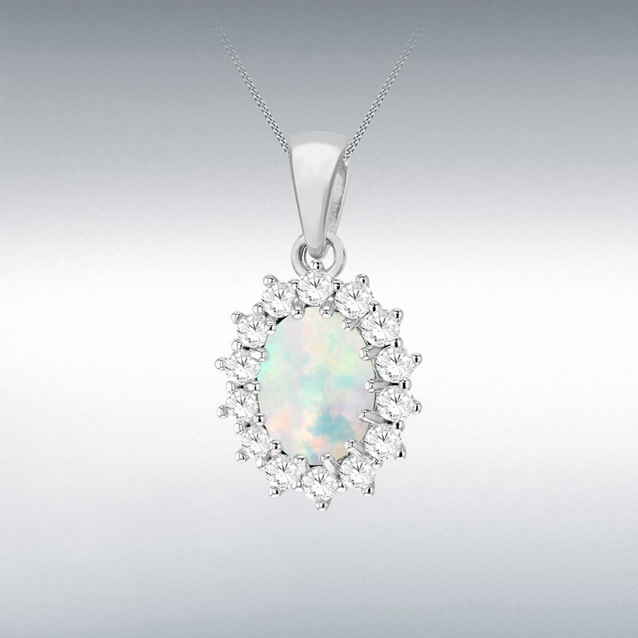 Sterling Silver Rhodium Plated Oval Synthetic Opal and White CZ 12mm x 22mm Flower Cluster Pendant