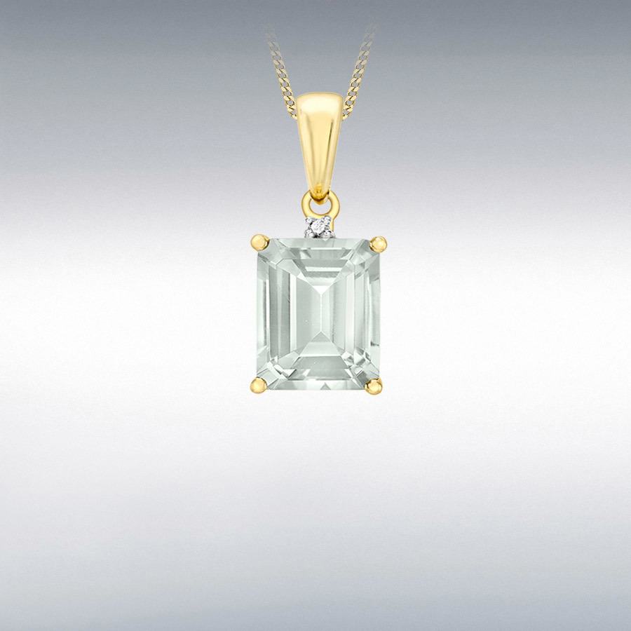 9ct Yellow Gold 0.005ct Diamond and 7mm x 9mm Green Amethyst 8mm x 17mm Pendant