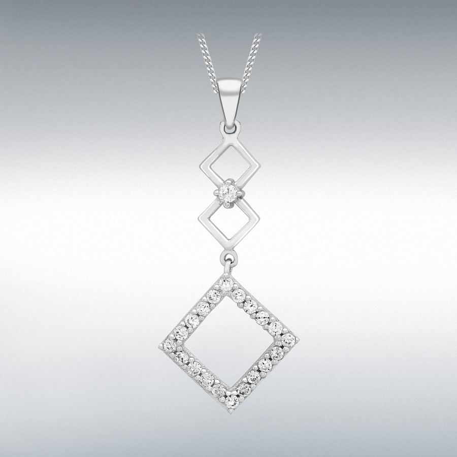 9ct White Gold CZ 14mm x 30mm 3-Squares Drop Pendant