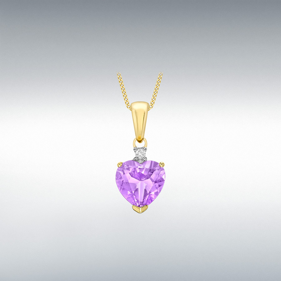 9ct Yellow Gold 0.01ct Diamond and Amethyst 7mm x 16mm 'Heart' Pendant