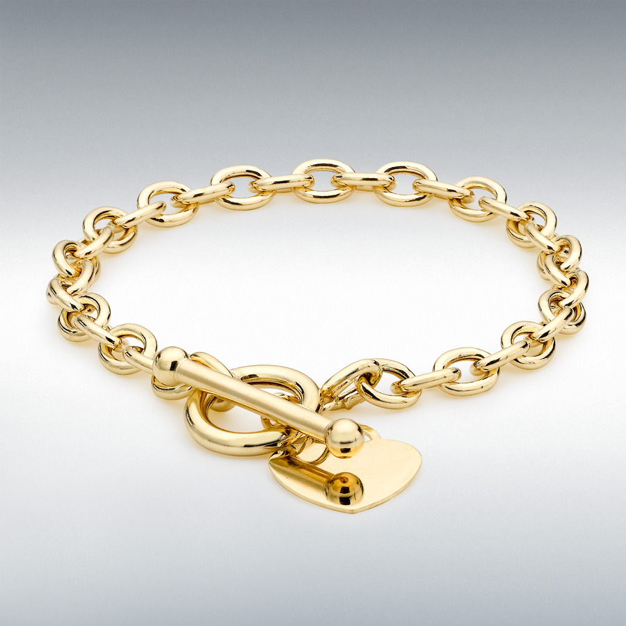 9ct Yellow Gold Oval Belcher Heart Tag T-Bar Bracelet 20cm/8"