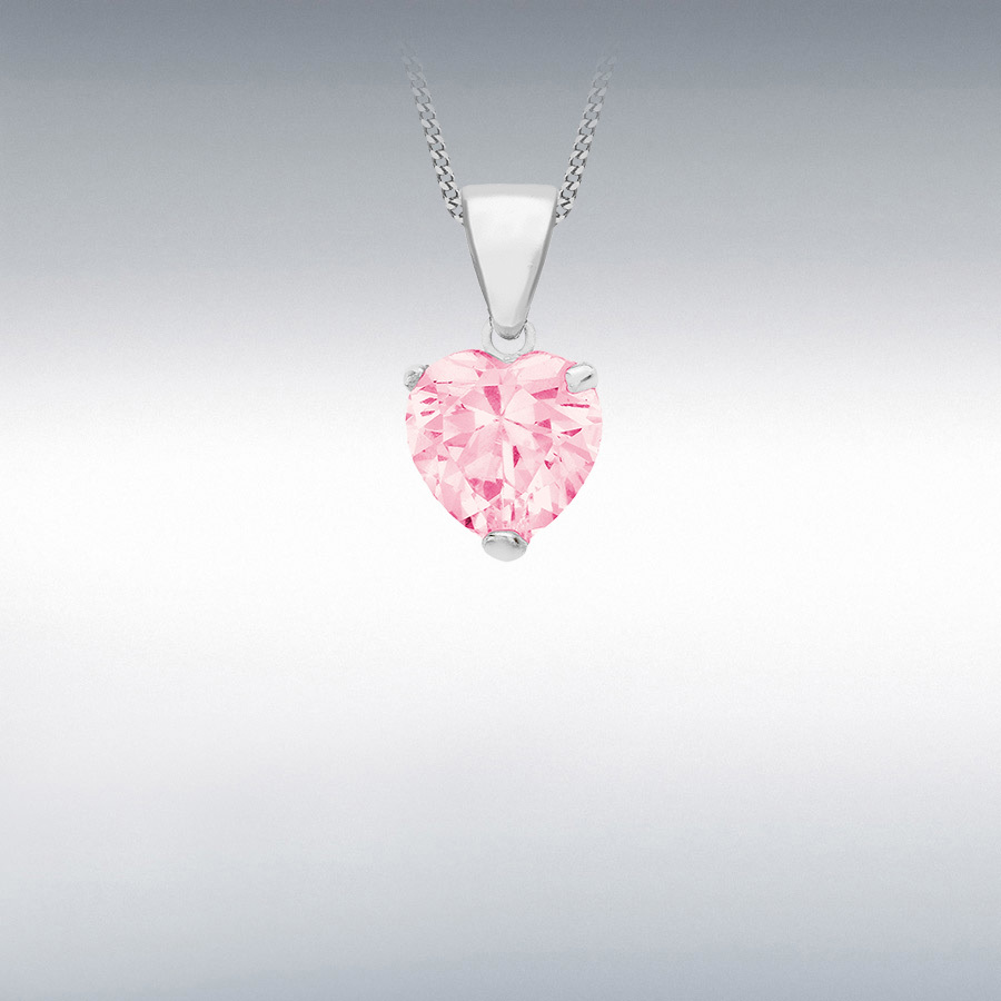 Sterling Silver 5mm Pink CZ Heart 5mm x 12mm Pendant