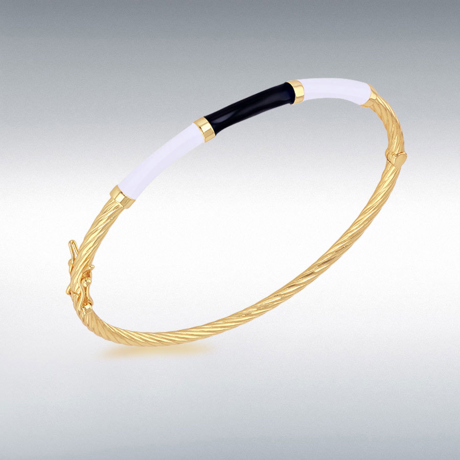 Sterling Silver Yellow Gold Plated 3mm-4mm Black and White Enamel Bangle