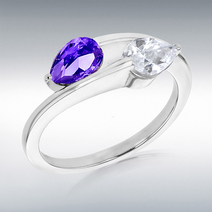 Sterling Silver Rhodium Plated Amethyst and Blue Topaz Wrap-Around Ring