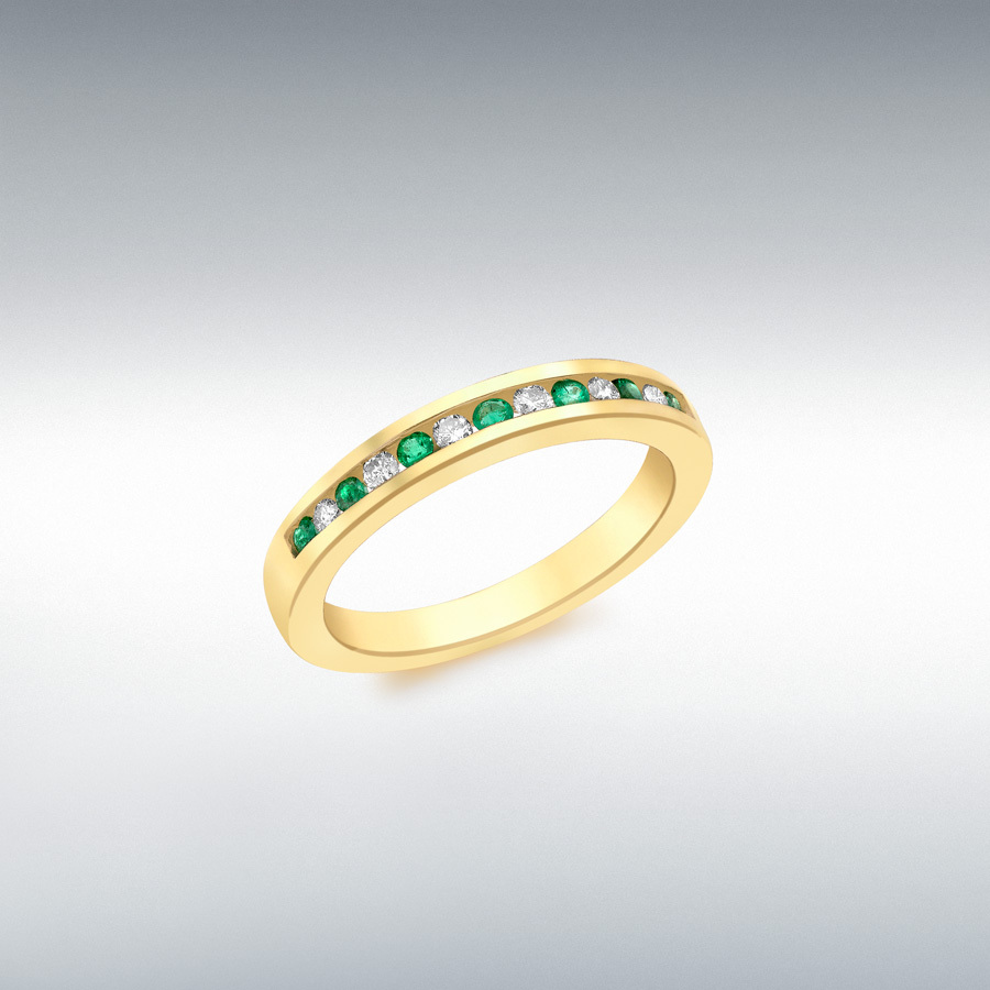 9ct Yellow Gold 0.10ct Diamond and Emerald Channel Set Half-Eternity Ring