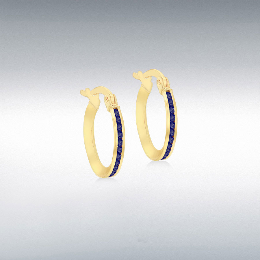 9ct Yellow Gold 1mm Round Blue CZs 14mm Endless Slim Hoop Earrings
