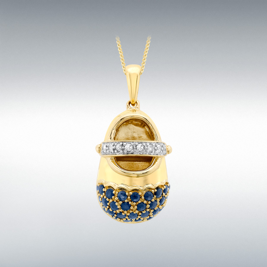 9ct Yellow Gold 0.06ct Diamond and Sapphire 12mm x 25mm Baby Shoe Pendant