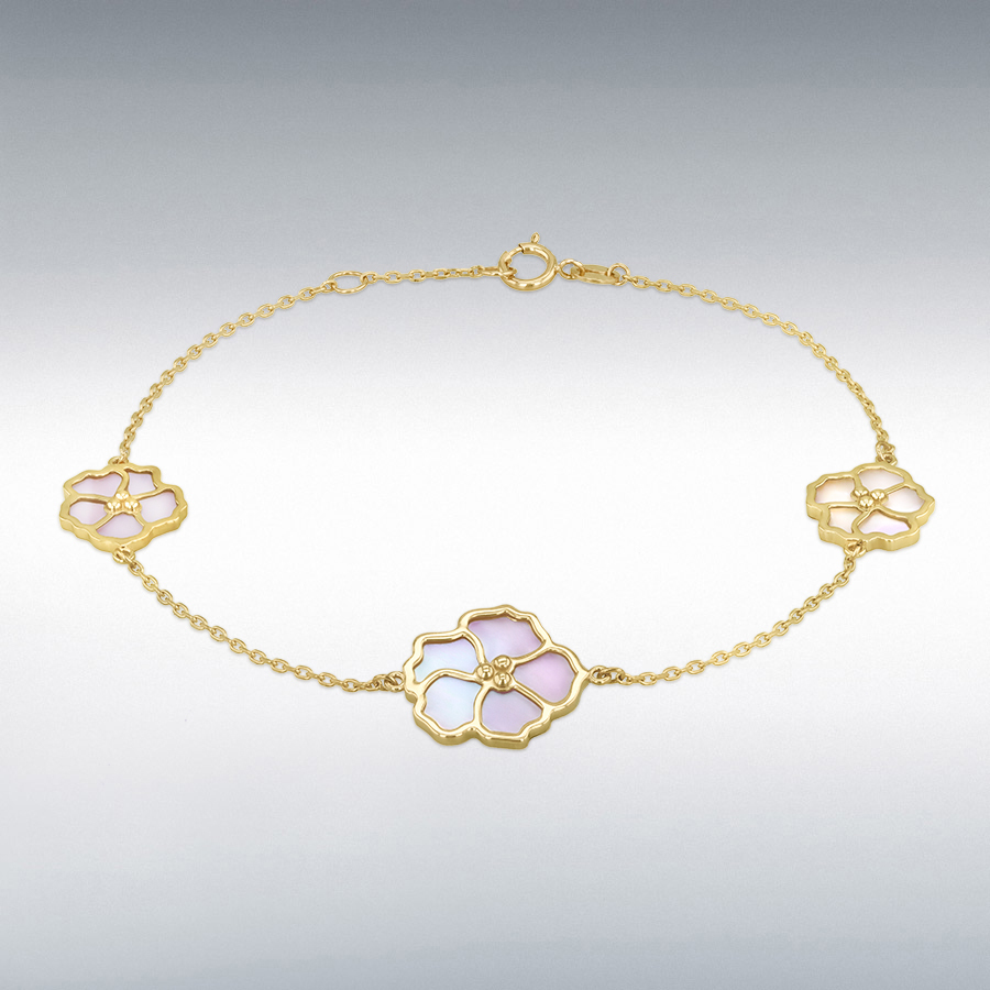 9ct Yellow Gold 3 x Mother of Pearl Blossom Flower Adjustable Bracelet 18cm/7"-19cm/7.5"