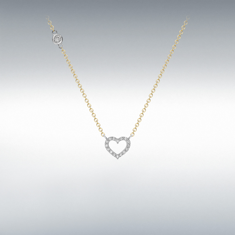 9ct 2-Colour Gold 3.6mm CZ and 8.7mm x 8.6mm CZ Heart Necklace 46cm/18"