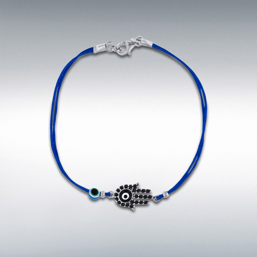 Sterling Silver Black CZ Hamza and Bead Blue Cord Bracelet 18cm/7"
