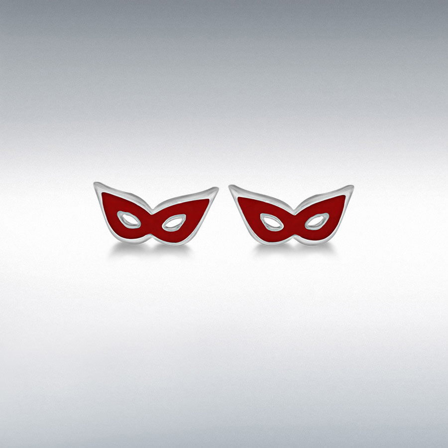 Sterling Silver Rhodium Plated 10.5mm x 5mm Red Enamel Masquerade Mask Stud Earrings