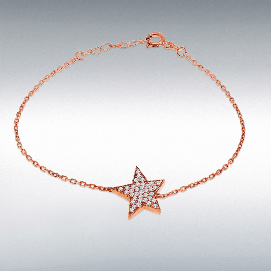 Sterling Silver Rose Gold Plated CZ Star Adjustable Trace Chain Bracelet 17cm/6.5"-19cm/7.5"