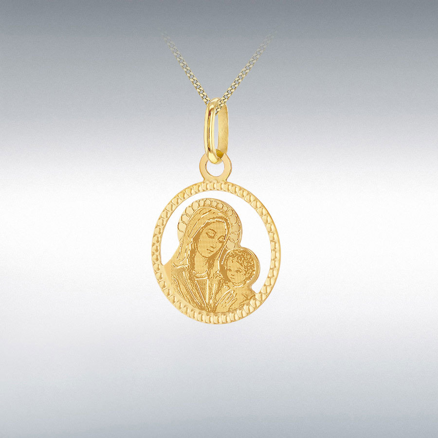 9ct Yellow Gold 14.5mm Diamond Cut Round Mary and Child Pendant