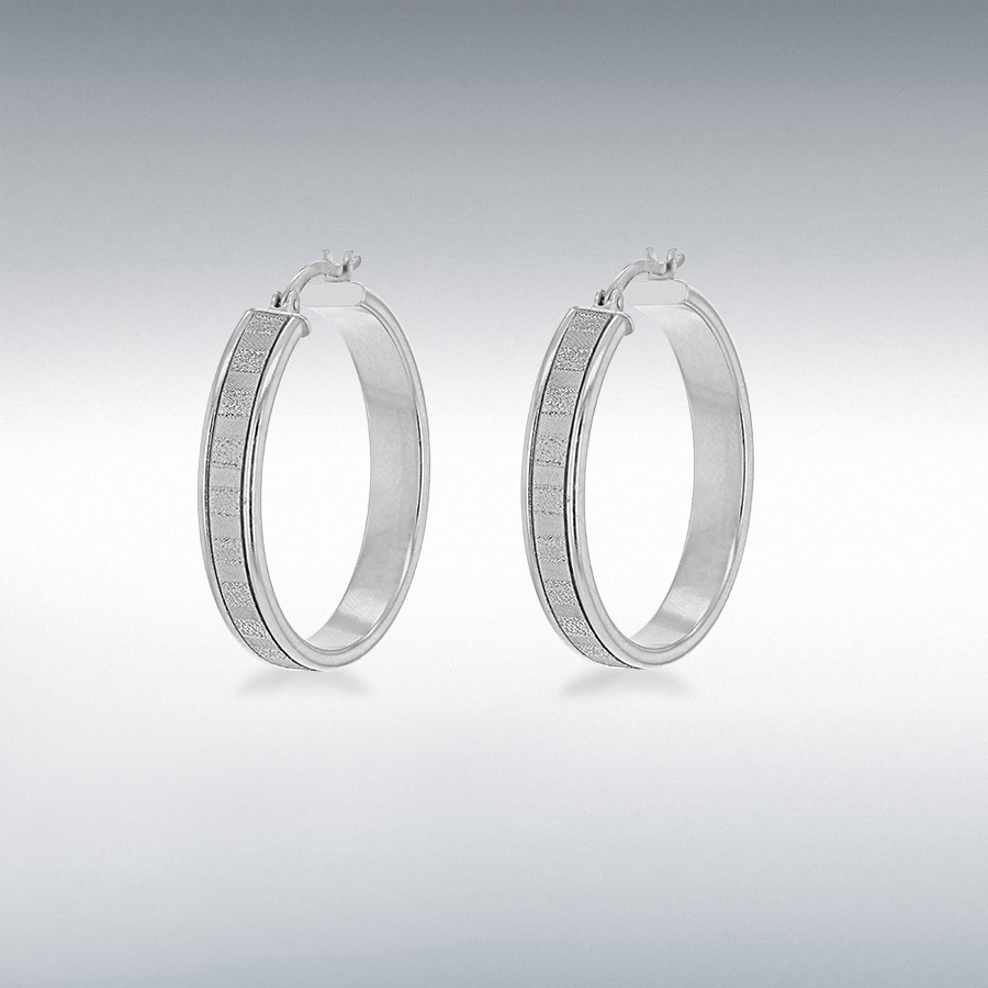 Sterling Silver Rhodium Plated 5mm Tube 30mm Stardust-Striped Hoop Creole Earrings