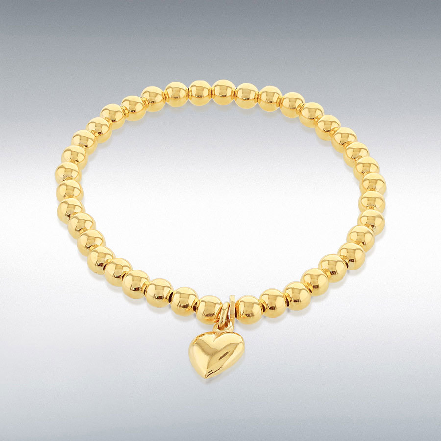Sterling Silver Yellow Gold Plated Elastic Beads with Heart Charm Bracelet 16cm/6.25"