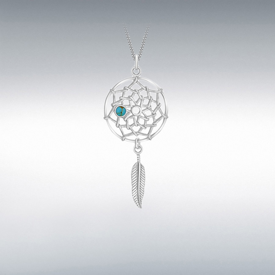 Sterling Silver 3mm Turquoise 19.9mm x 47mm Dream Catcher Pendant