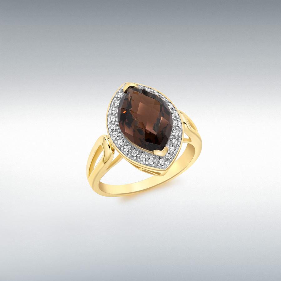 9ct Yellow Gold 0.15ct Diamond and Marquise Smokey Quartz Ring