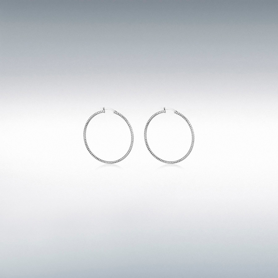 Sterling Silver Rhodium Plated 25mm Diamond-Cut Hoop Creole Earrings