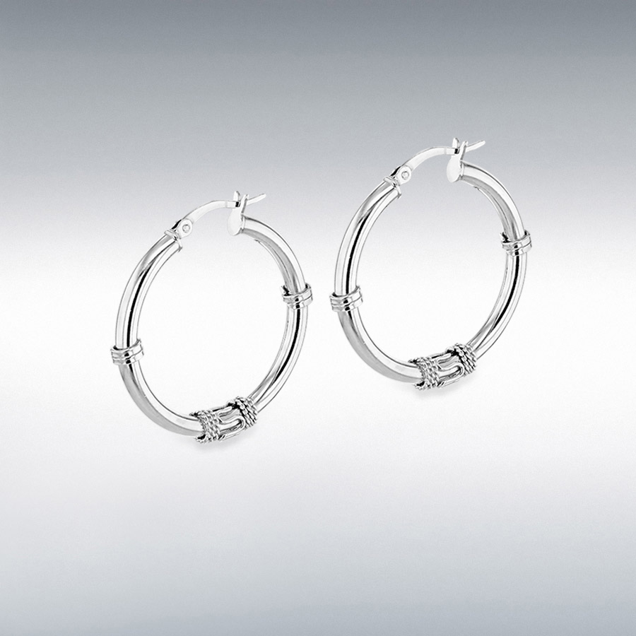 Sterling Silver Rhodium Plated 30mm Rope-Design Hoop Creole Earrings