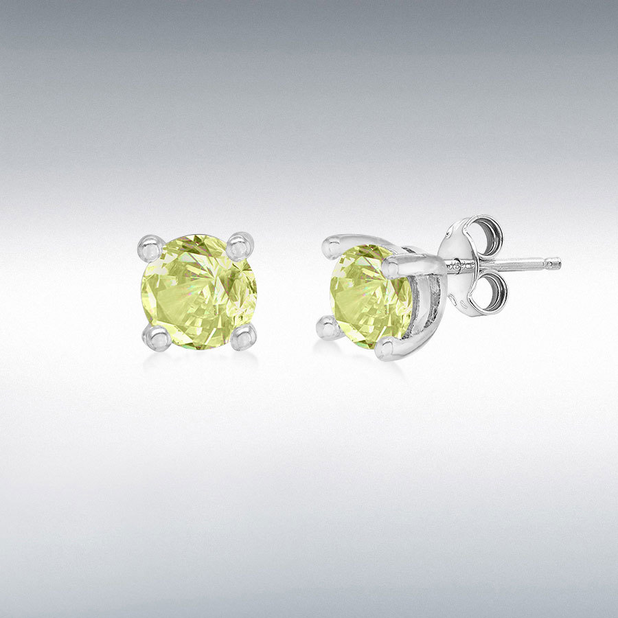 Sterling Silver Rhodium Plated Peridot 4mm CZ August Birthstone Stud Earring