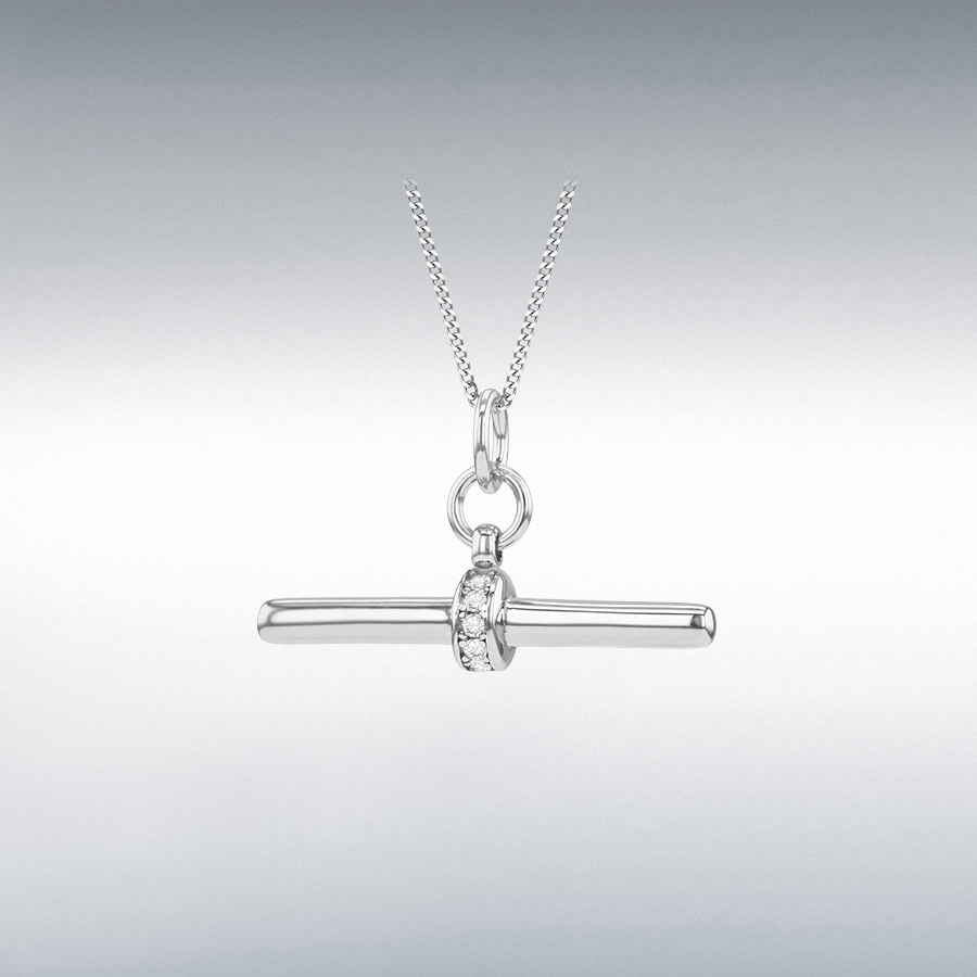Sterling Silver Rhodium Plated 1.3mm CZ 25mm x 2.8mm Round T-Bar Pendant