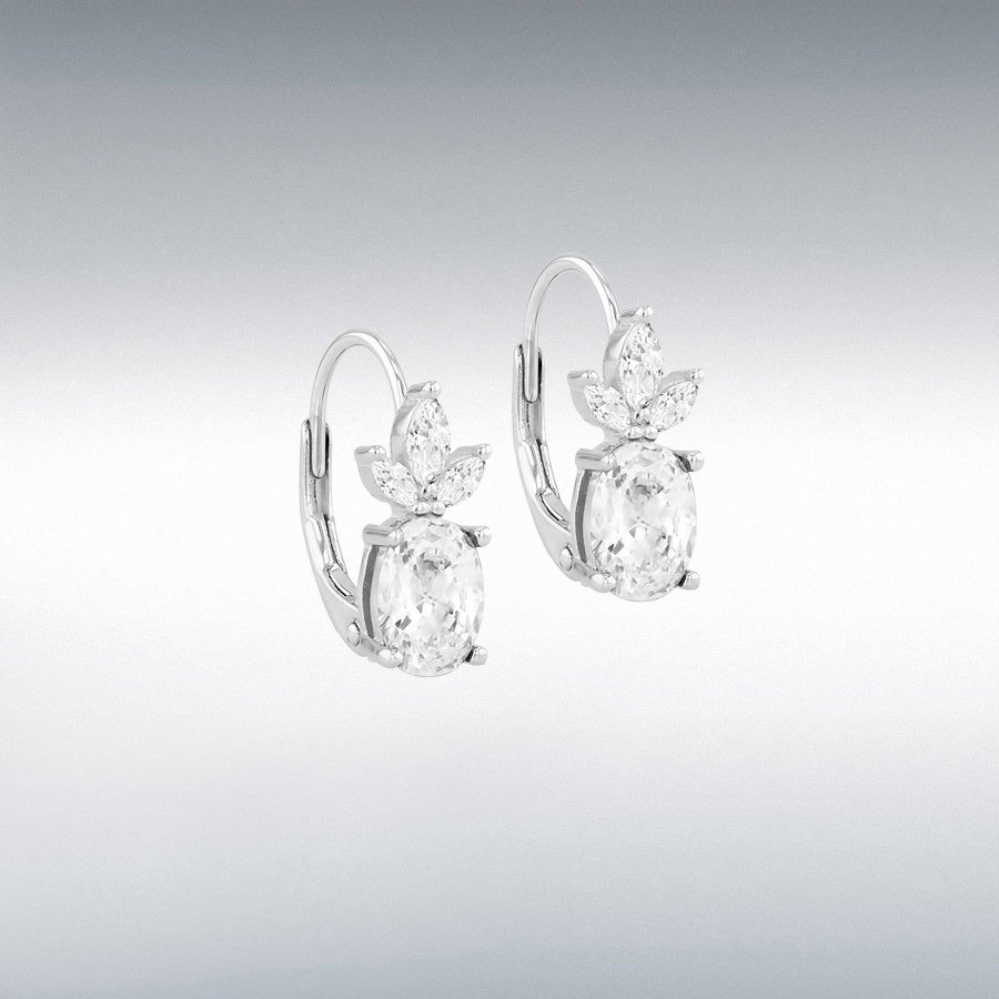 Sterling Silver Rhodium Plated 5x7mm White  Oval CZ and White Marquise CZ Lever Back Earring