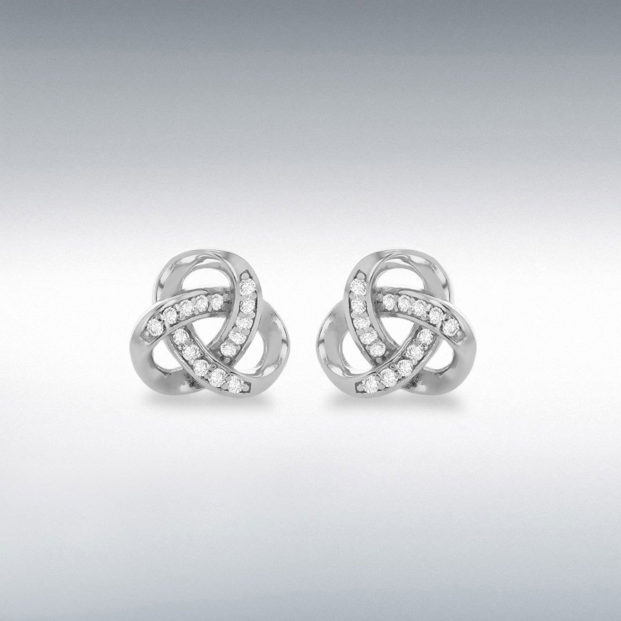Sterling Silver Rhodium Plated Trinity Knot White CZ Earrings