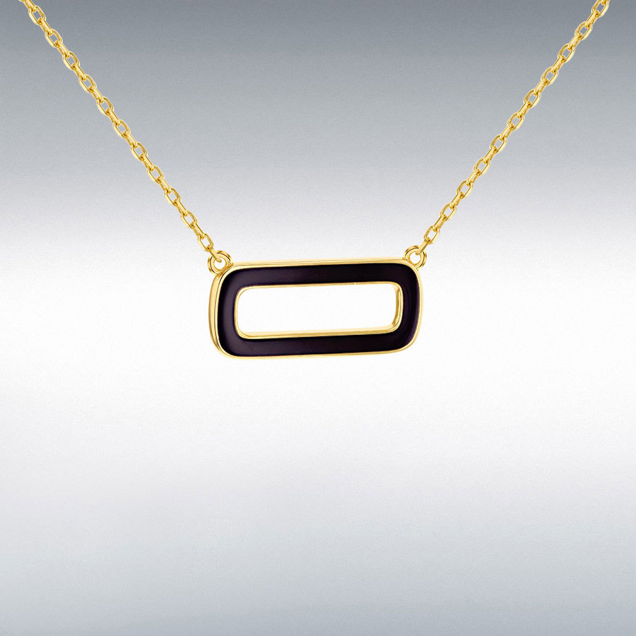 Sterling Silver Yellow Gold Plated Black Enamel Rectangle Frame Necklace
