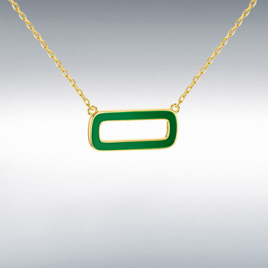 Sterling Silver Yellow Gold Plated Green Enamel Rectangle Frame Necklace