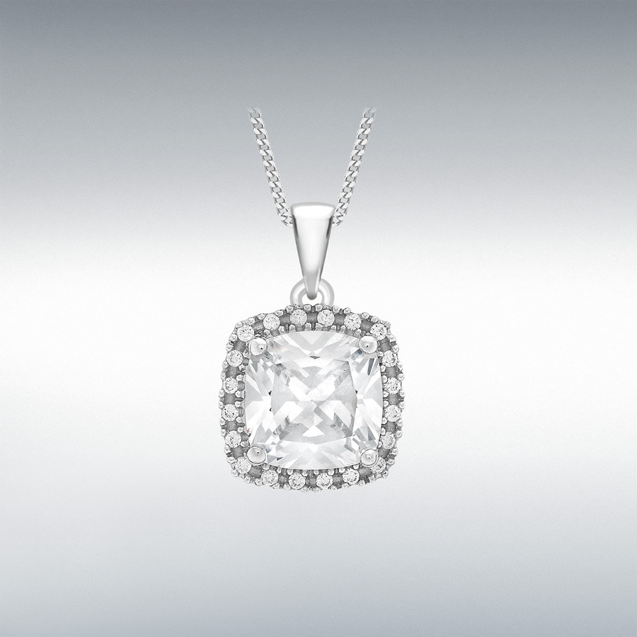 9ct White Gold 8mm x 8mm Cushion CZ with 20 x 1mm Round CZ 10mm x 14mm Cushion Pendant