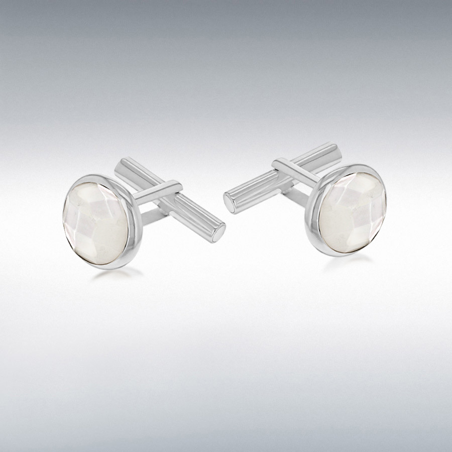 Sterling Silver Faceted Mother of Pearl 15mm Round Cufflinks