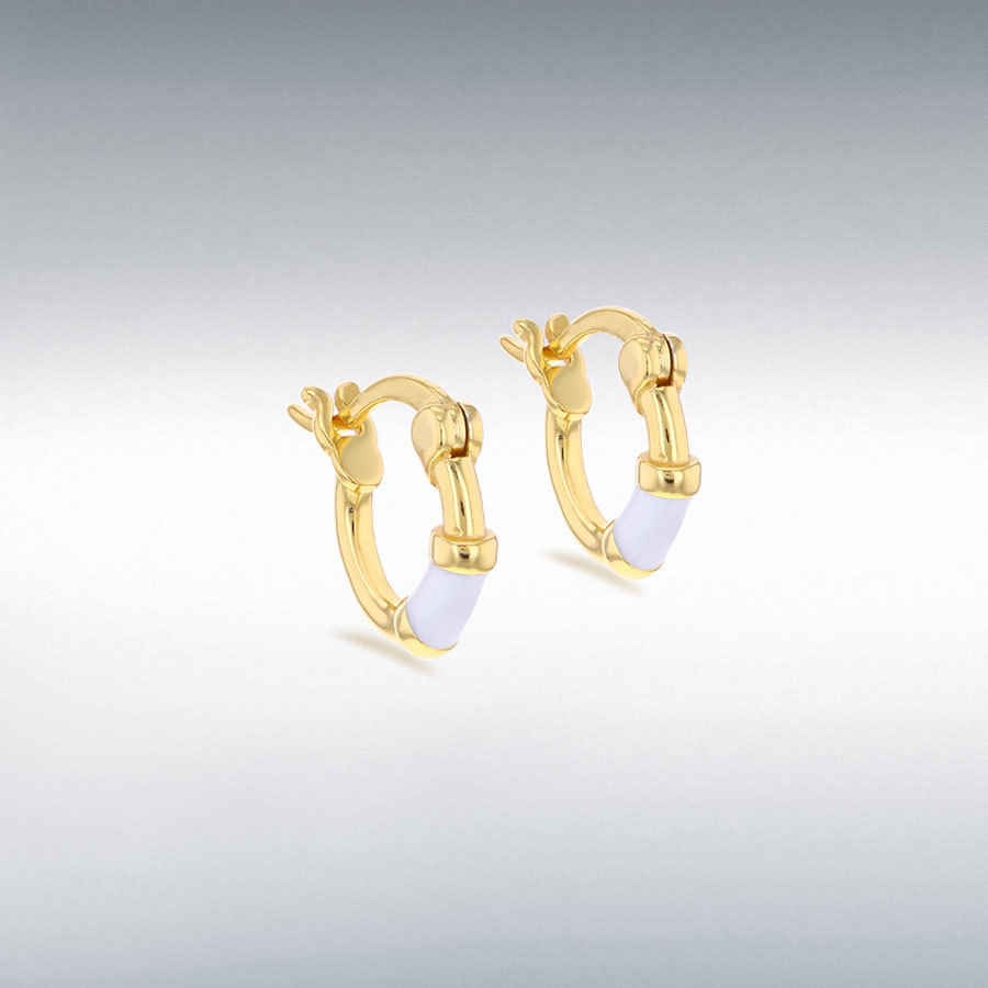 Sterling Silver Yellow Gold Plated 10mm White Enamel Huggie Hoop Earrings