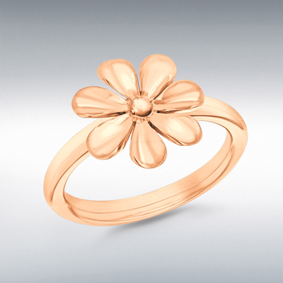 Sterling Silver Rose Gold Plated 15mm Flower 3mm Stacking Ring