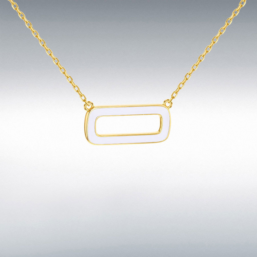 Sterling Silver Yellow Gold Plated White Enamel Rectangle Frame Necklace