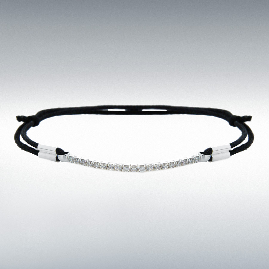 Sterling Silver CZ Black Cord ID Adjustable Bracelet 