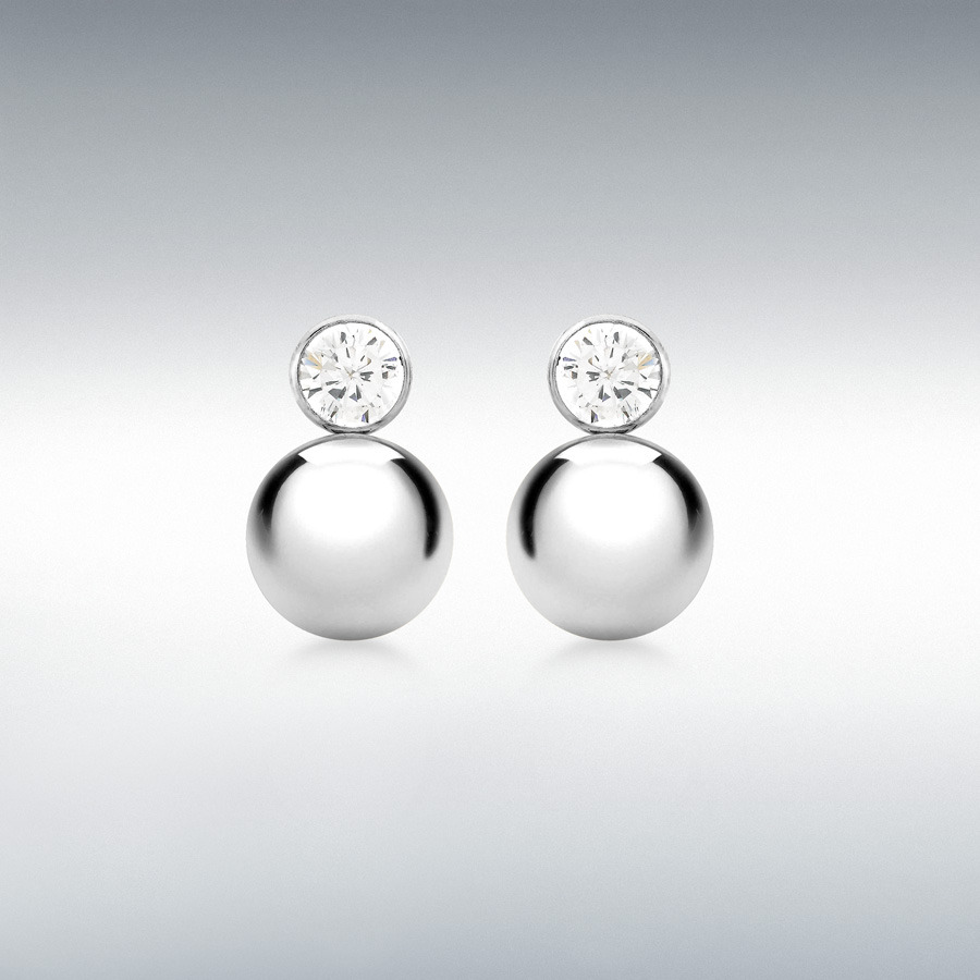 9ct White Gold 5mm CZ and 9mm Ball Drop Earrings