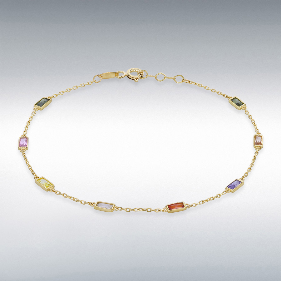 9ct Yellow Gold 8 x Multi Coloured Rectangle CZ Adjustable Bracelet 18cm/7"-19cm/7.5"