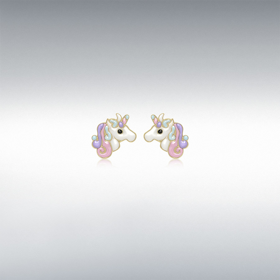 9ct Yellow Gold 10.5mm x 11mm Enamel Unicorn Stud Earrings
