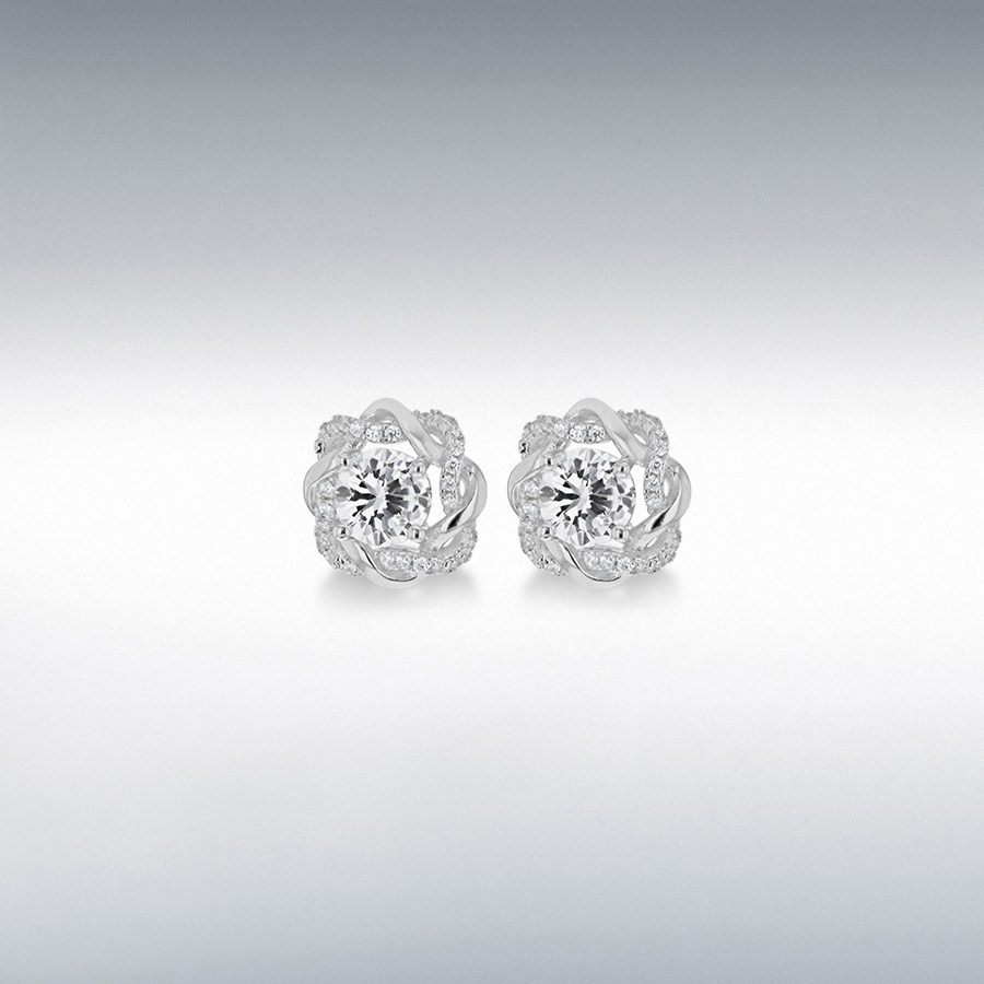 Sterling Silver Rhodium Plated CZ 12mm Twisted Stud Earrings