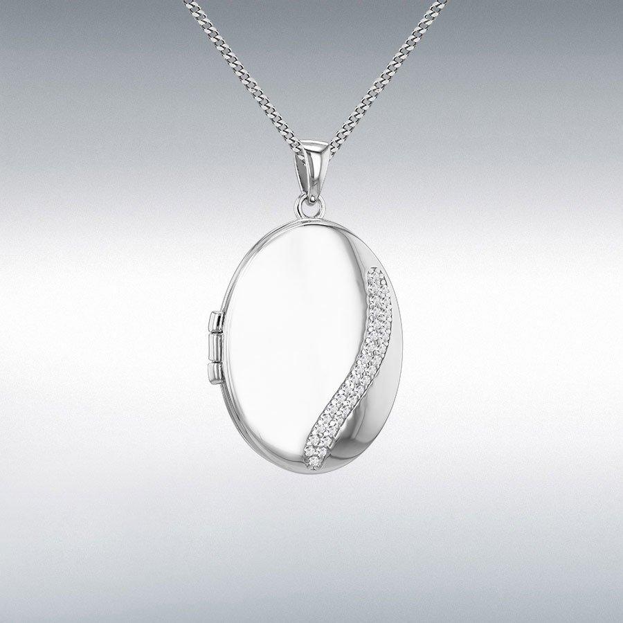 Sterling Silver Rhodium Plated 20.5mm x 35mm Oval with CZ Locket Pendant