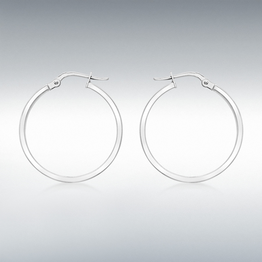 9ct White Gold 3mm Rectangular-Tube 23.5mm Polished Hoop Creole Earrings