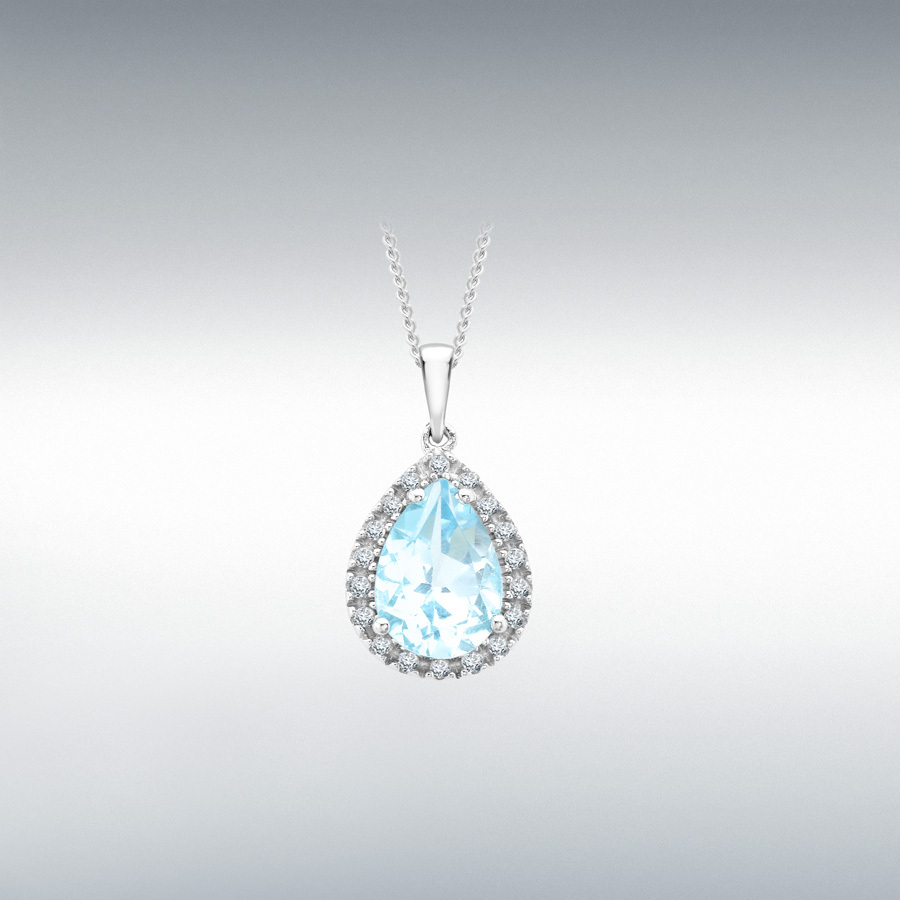 9ct White Gold 0.13ct Diamond and Teardrop Blue Topaz 10mm x 15mm Pendant