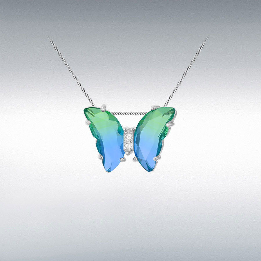 Sterling Silver Rhodium Plated CZ and Blue Glass Butterfly Pendant